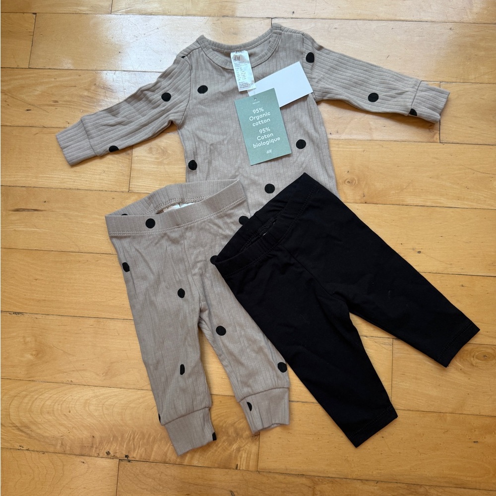 H&M Tan and Black Polka Dot Top & 2 Leggings Set BRAND NEW